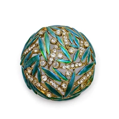 Kenneth Jay Lane KJL Aqua Teal Enamel Clear Rhinestone Leaves Round Brooch Pin - Image 1 of 4