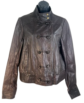 Chaqueta de Motociclista de Colección Topshop Alta Clásica Marrón Cuero Genuino Talla U.S.L/U.K.16 Foto 1 de 4