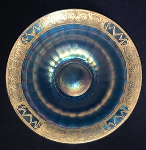 Blue Carnival Glass Bowl Gold Etched Edge Flowers Iridescent 9.75” - Picture 1 of 4