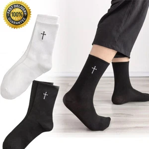 2pairs& Black and White Cross Embroidered Crew Socks for Men Fun Socks Funky - Picture 1 of 8