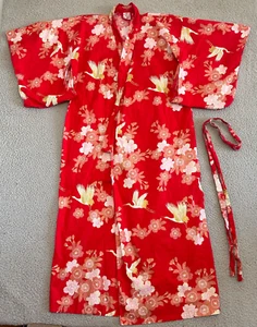 Japan Crane Kimono Robe Womens Large Robe Red All Over Print Belted - Picture 1 of 22