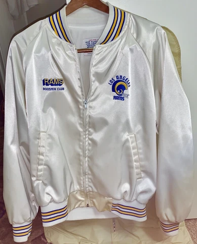 Vintage Los Angeles LA RAMS Jacket WHITE SATIN Large Custom Booster Club US Made Cover