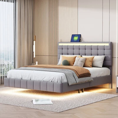 Polsterbett 140x200 Doppelbett LED Schwebebett Lattenrost Bettgestell Kopfteil - - Bild 1 von 4