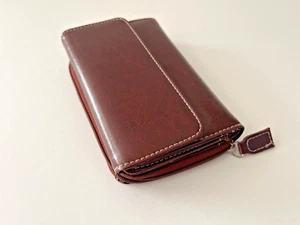 Women's Double Closure Trifold Clutch Wallet Brown Genuine Leather Brand New - Picture 1 of 8