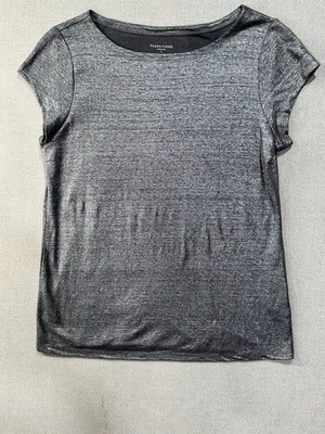 Eileen Fisher S Linen Metallic Shimmer Scoop Neck Top Gray Silver Minimalist - Image 1 of 4