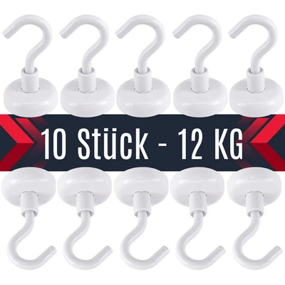 10 Stück Neodym Magnet mit Haken 12KG Stark Magnethaken Topfmagnet Weiß N52 - Bild 1 von 4