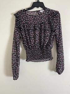 Love, Fire Long Sleeve Floral Metallic Sheer Crop Top Pullover Blouse Sz S/P - Picture 1 of 4