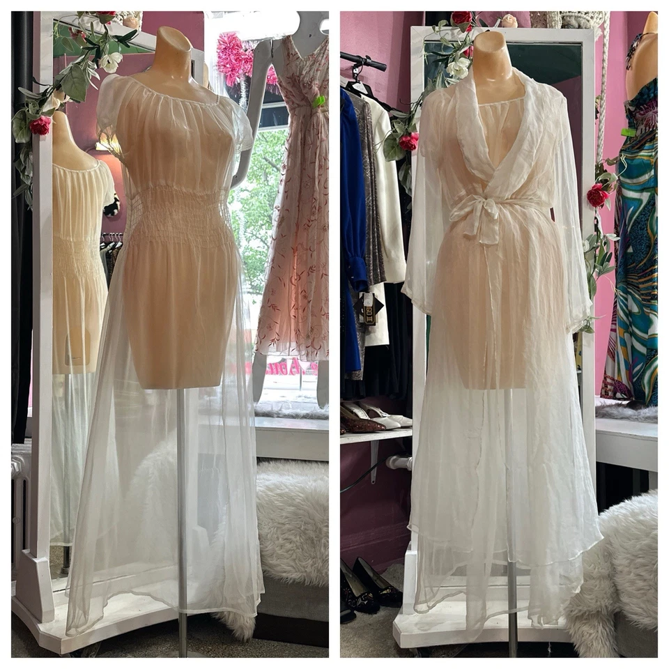 Vintage 30s Sheer Peignoir Negligee Set White Smocked Puff Sleeves Romantic S/M - Image 1 of 4