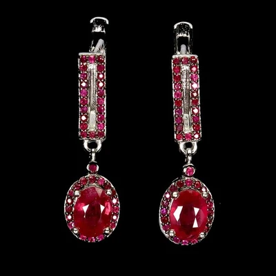 925 Orecchini Argento Sterling Ovale Rubino 7x5mm Rubino Myanmar Gemma Gioielli - Immagine 1 di 4