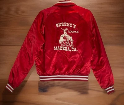 Vintage 1980's ChalkLine Skeeko’s Lounge Madera Satin Rodeo Bomber Jacket Red S - Image 1 of 4
