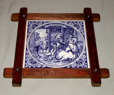 Vintage Framed Hand Painted Dutch Delft Blue Tile The Butcher After JoH Luyken - Bild 1 von 2