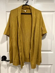 Eileen Fisher sz L Mustard Cotton Folded collar short sleeve open front cardigan - Picture 1 of 9