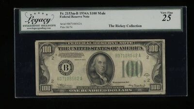 DBR 1934-A $100 FRN New York Mule Fr. 2153-Bm Legacy 25 Serial B07108562A - Image 1 of 2