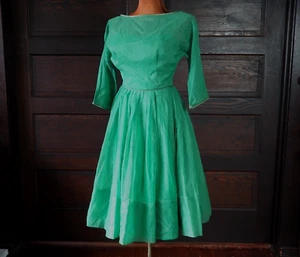 VTG 50s Green Chiffon Rockabilly Pleated Cocktail Prom Sheer Tea Formal Dress S - Picture 1 of 11