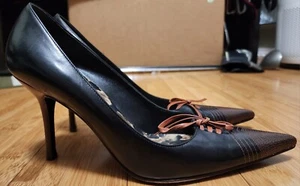 VTG Y2K Dolce & Gabbana Heels Women's 38.5 Black Leather Stilleto Pumps Leopard - Picture 1 of 8