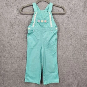 Vintage 80s Health Tex Toddler Girls 4T Green Flower Embroidered Overalls Pants - Picture 1 of 14