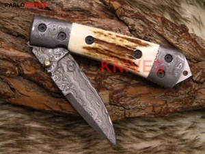 Premium CUSTOM HANDMADE DAMAST HIRSCHHORN KLAPPMESSER MIT TASCHENCLIPS - Bild 1 von 4