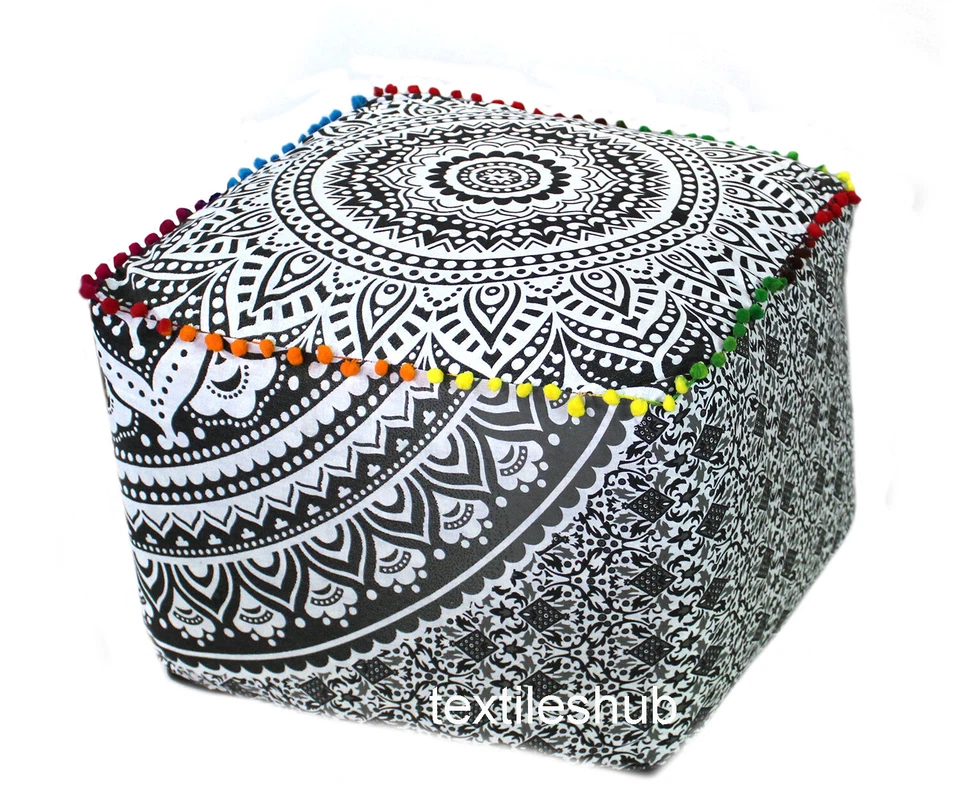 18" Mandala Square Ottoman Pouf Cover Indian Handmade Footstool Seating Cover - Image 1 of 1