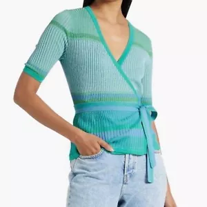 Diane Von Furstenberg DVF Lyric Wrap Knit Ribbed Sweater Stripe Cloud Turquoise - Picture 1 of 11