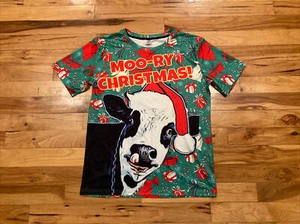 MOO-RY CHRISTMAS Holiday Cow Green Red Farming Mens Adult 2XL XXL Crew Shirt - Picture 1 of 10