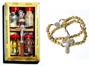 Olive Wood Cross Set with 4 Bottles - Anointing Blessed Oil Jordan River Water - Picture 1 of 5