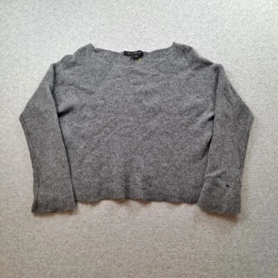 骷髅羊绒毛衣女式 L 灰色罗纹短 Academia Heritage Y2K 阅读 — 第 1/4 张图片