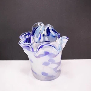 Handkerchief Candle Glass Vase Hand Blown Blue White Swirls Dots - Picture 1 of 10