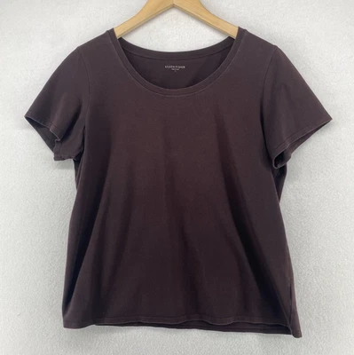 EILEEN FISHER Top L Stretch Organic Cotton Jersey Short Sleeve Brown USA - Image 1 of 4