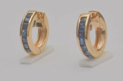 14K Yellow Gold Huggie Hoop Earrings Preowned Blue Sapphire Channel Set 4.3g E2 - Image 1 of 4
