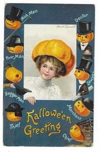 Halloween Postkarte Künstler signiert Ellen Clapsaddle JOLs mit Hüten - Bild 1 von 2