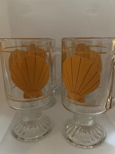 Vintage Clear Pedestal Mugs/w Orange Seal Shell Design Set Of 4 Beach, Nautical - Picture 1 of 6