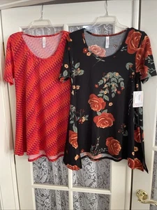 2 LuLaRoe S Perfect T-Shirt Orange Geometrisch Schwarz Blumendruck Swing Top Neu mit Etikett - Bild 1 von 6