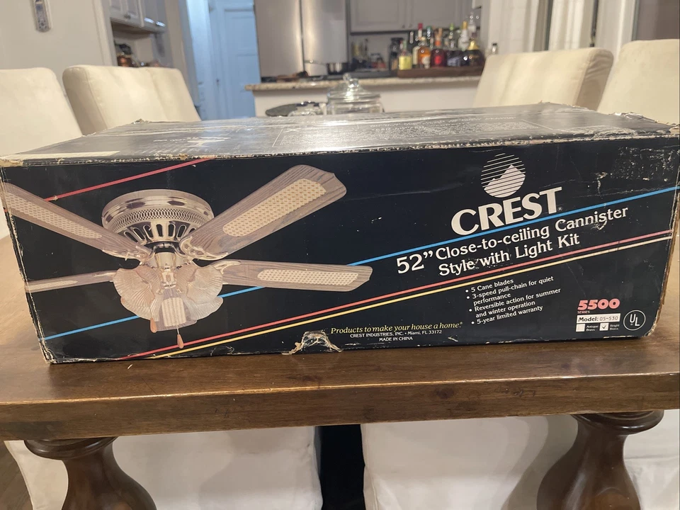 New In Box ‘Crest’ 5500 Series 52” Wood Grain Cane Blade Ceiling Fan Light 1980s - Image 1 of 4
