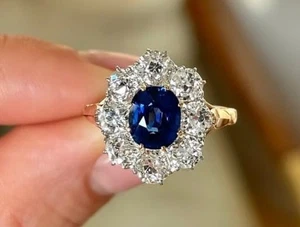 Vintage 2.10 Ct Oval Cut Natural Sapphire Diamond Wedding Ring 92.5 Gold Plated - Picture 1 of 7