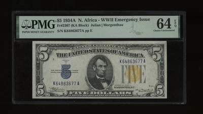 DBR 1934-A $5 Silver North Africa Fr. 2307 PMG 64 EPQ Serial K64863677A - Image 1 of 2