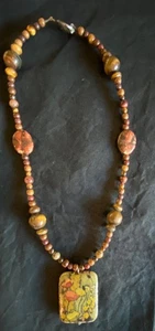 Antique Handmade Hand Painted Jasper & Tiger‘s Eye Bead Necklace - Picture 1 of 12