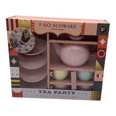 FAO Schwarz Juego de fiesta de té de cerámica de 9 piezas para niños tetera de porcelana esmaltada a mano Foto 1 de 4