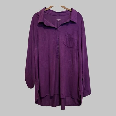 Túnica de gamuza sintética Catherines cómoda elegante rica color ciruela bolsillo manga larga 2X Foto 1 de 4