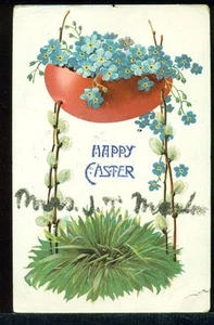 FROHE OSTERN Cracked Egg on Pussywillow Legs Vergissmeinnicht Vintage Postkarte - Bild 1 von 1