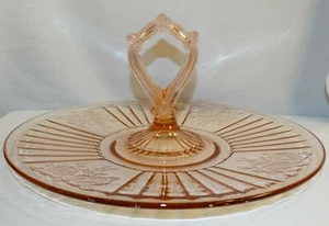 HOCKING GLASS PINK MAYFAIR OPEN ROSE TIDBIT SANDWICH TRAY W/ CENTER HANDLE - Picture 1 of 7