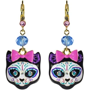 Kirks Folly Sugar Skull Kitty Cat Leverback Earrings Goldtone Hand Enameled - Picture 1 of 3