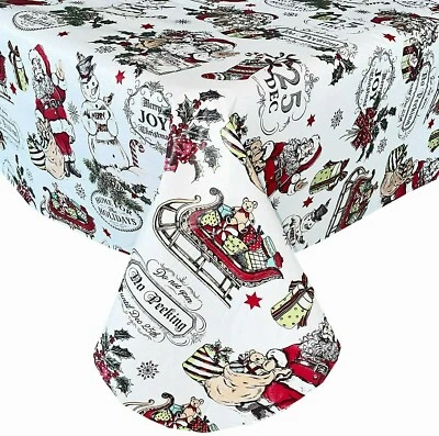 Christmas Vinyl Tablecloth Retro Nostalgia Santas Claus Sleigh Presents Asst. Sz - Image 1 of 4