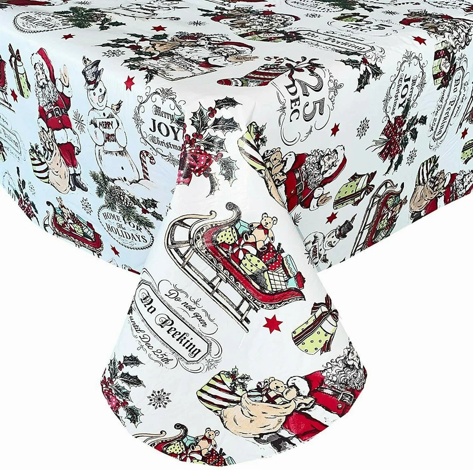 Christmas Vinyl Tablecloth Retro Nostalgia Santas Claus Sleigh Presents Asst. Sz - Image 1 of 4