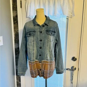 Diane Gilman Denim Jacket W/ Flannel At the bottom SZ LG NWT - Picture 1 of 7