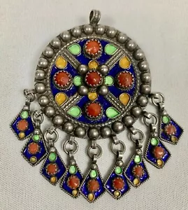 BROCHE PENDENTIF ETHNIQUE BERBERE KABYLIE EN ARGENT CORAIL ET EMAIL* - Foto 1 di 2
