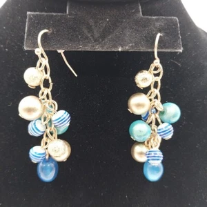 Catherines Gold Tone Blue Teal Faux Pearl Beads Dangle Glass Cluster Earrings 2" - Picture 1 of 5