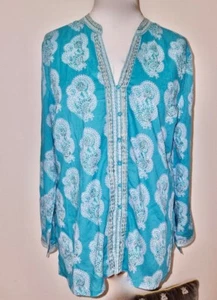 ANOKHI for EAST Bluse 14 blau Baumwolle Paisley Hand Blockprint Gold Overlay - Bild 1 von 14