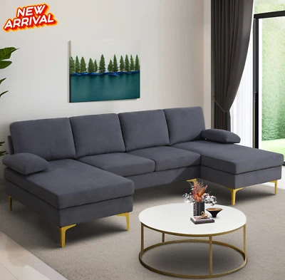 4 Seat Upholstered U-Shaped Sectional Sofa Set 2 Dark Gray Chaise Living Room - Image 1 of 4