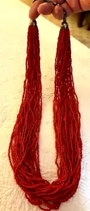 VINTAGE NATIVE AMERICAN CORAL MULTI STRAND SILVER LONG NECKLACE - Picture 1 of 12