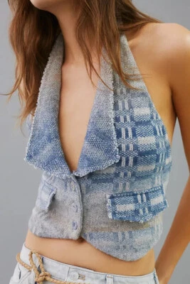 Anthropologie Pilcro Heritage Suéter Chaleco Top Azul Tejido a Cuadros Talla S Pequeño Nuevo con Etiquetas Foto 1 de 4
